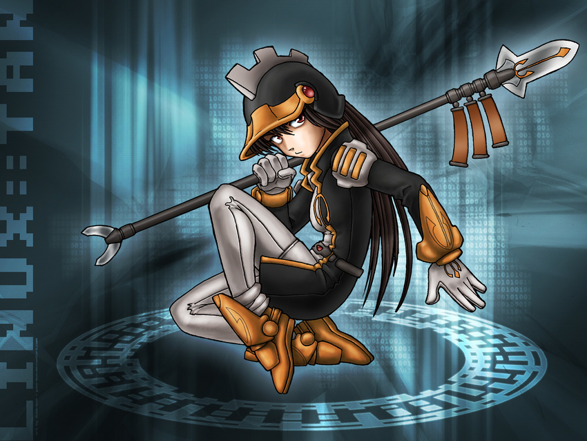 ankle_boots armor binary boots breasts brown_footwear closed_mouth expressionless gloves hair_between_eyes helmet highres holding holding_weapon juzo-kun kde linux long_hair long_sleeves looking_at_viewer magic_circle one_knee os-tan panties polearm red_eyes shoulder_pads small_breasts solo spear straight_hair underwear uniform very_long_hair wallpaper weapon white_gloves white_panties