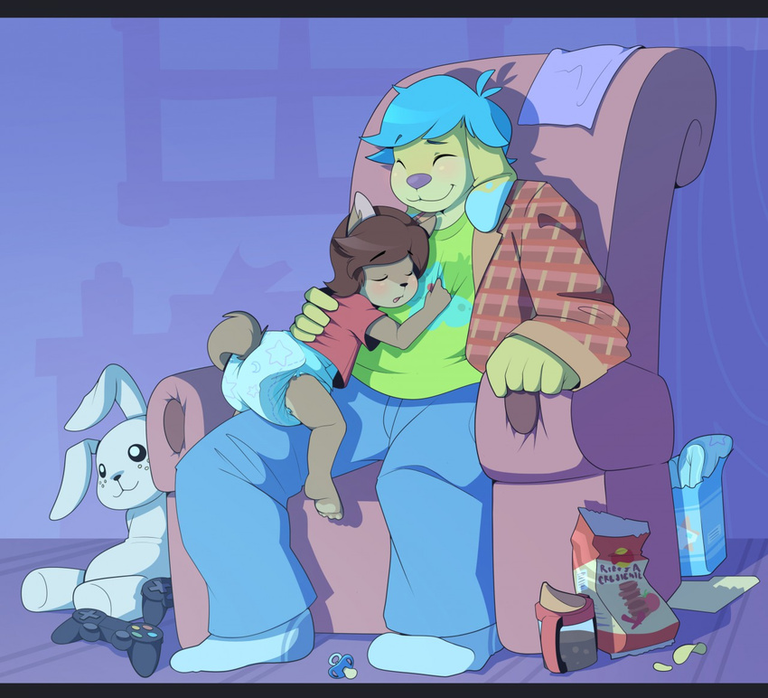 anthro blue_hair blush brown_fur brown_hair canine chair clothed clothing controller coyote cub cuddlehooves cuddlehooves_(character) diaper dog duo eyes_closed female food fully_clothed fur hair male mammal pacifier pawpads plushie sleeping smile wob_(character) yellow_fur young