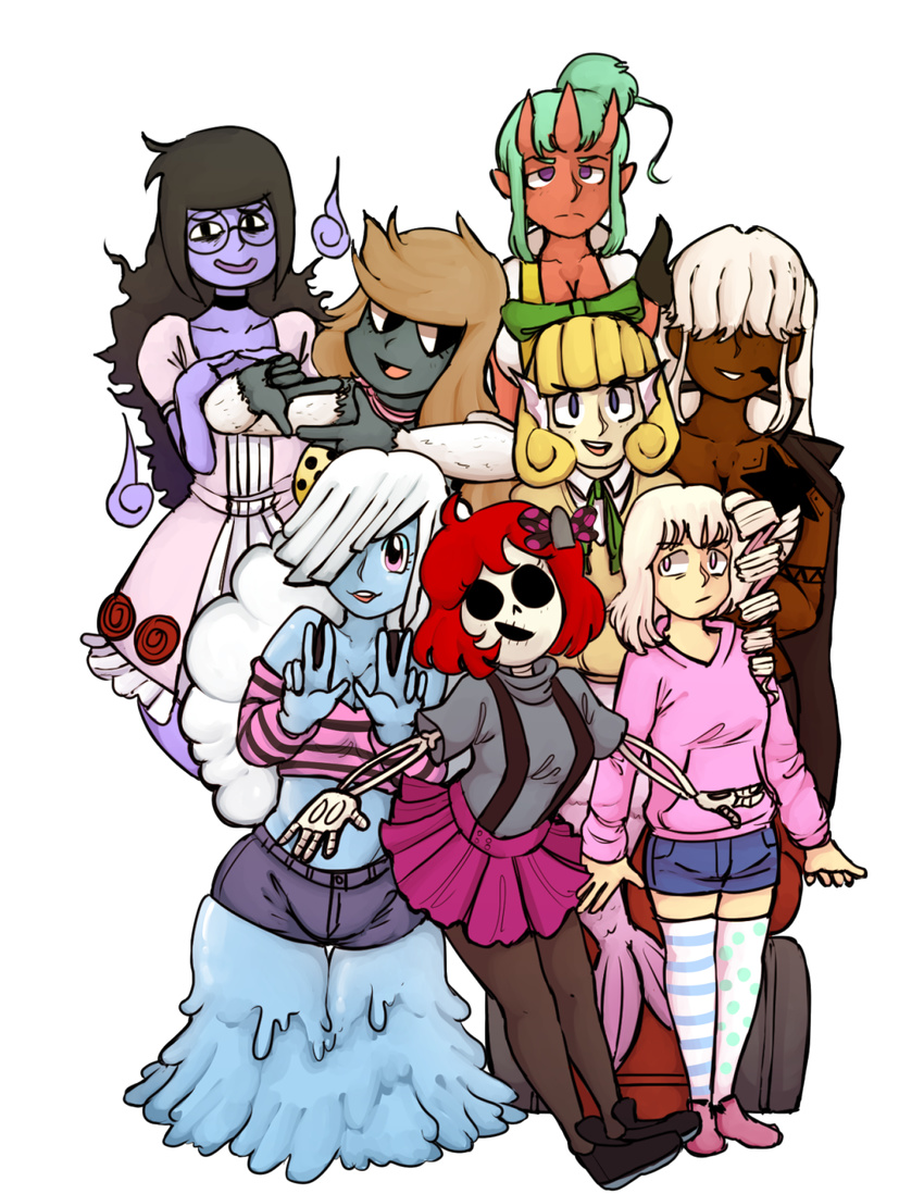 anahita_(monster_girl_gamu) animated_skeleton aurelia_(monster_girl_gamu) black_hair blonde_hair blue_eyes bone bow breasts brown_hair cleavage clothed clothing dark_skin demon eyewear female ghost glasses goo green_hair group hair hair_over_eyes helvetica_(monster_girl_gamu) hoodie horn humanoid lain_(monster_girl_gamu) lorelei_(monster_girl_gamu) marine merfolk monster_girl_gamu ponehanon rao_(monster_girl_gamu) red_hair skeleton skelly skirt smile spirit tabitha_(monster_girl_gamu) tattoo undead white_hair yeti