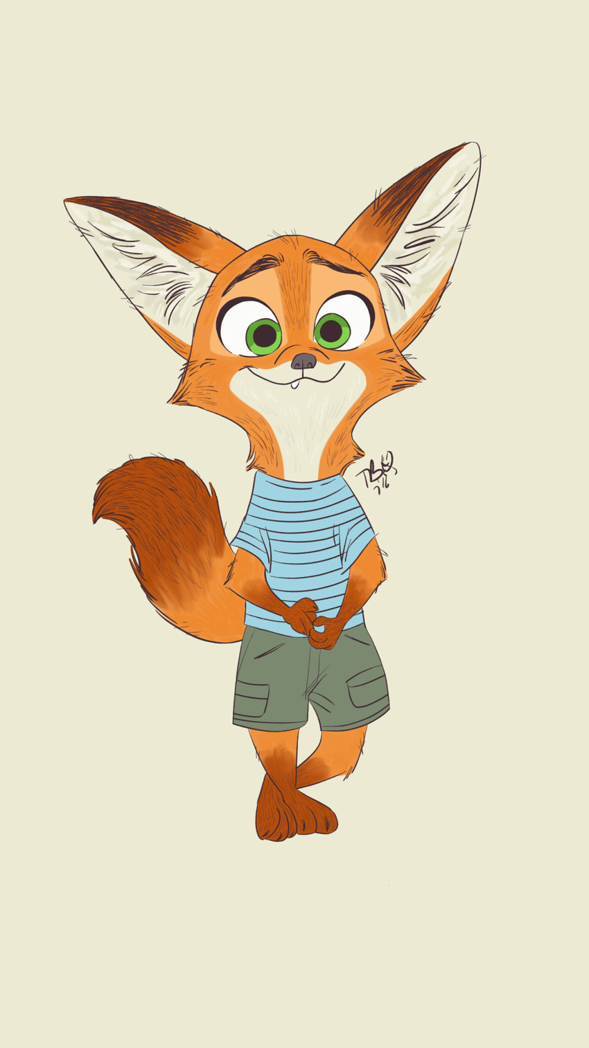 2016 anthro canine child clothing dipstick_tail disney fox fur green_eyes looking_at_viewer male mammal multicolored_tail nick_wilde orange_fur shirt shorts simple_background standing t-shirt taylorillustrated white_fur young zootopia