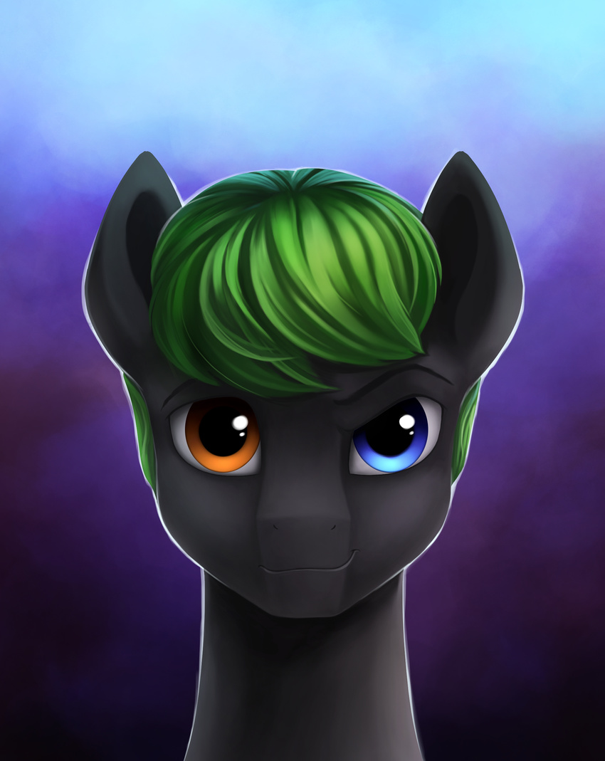 equine fan_character green_hair hair heterochromia horse l1nkoln looking_at_viewer male mammal my_little_pony pony simple_background smile smirk solo