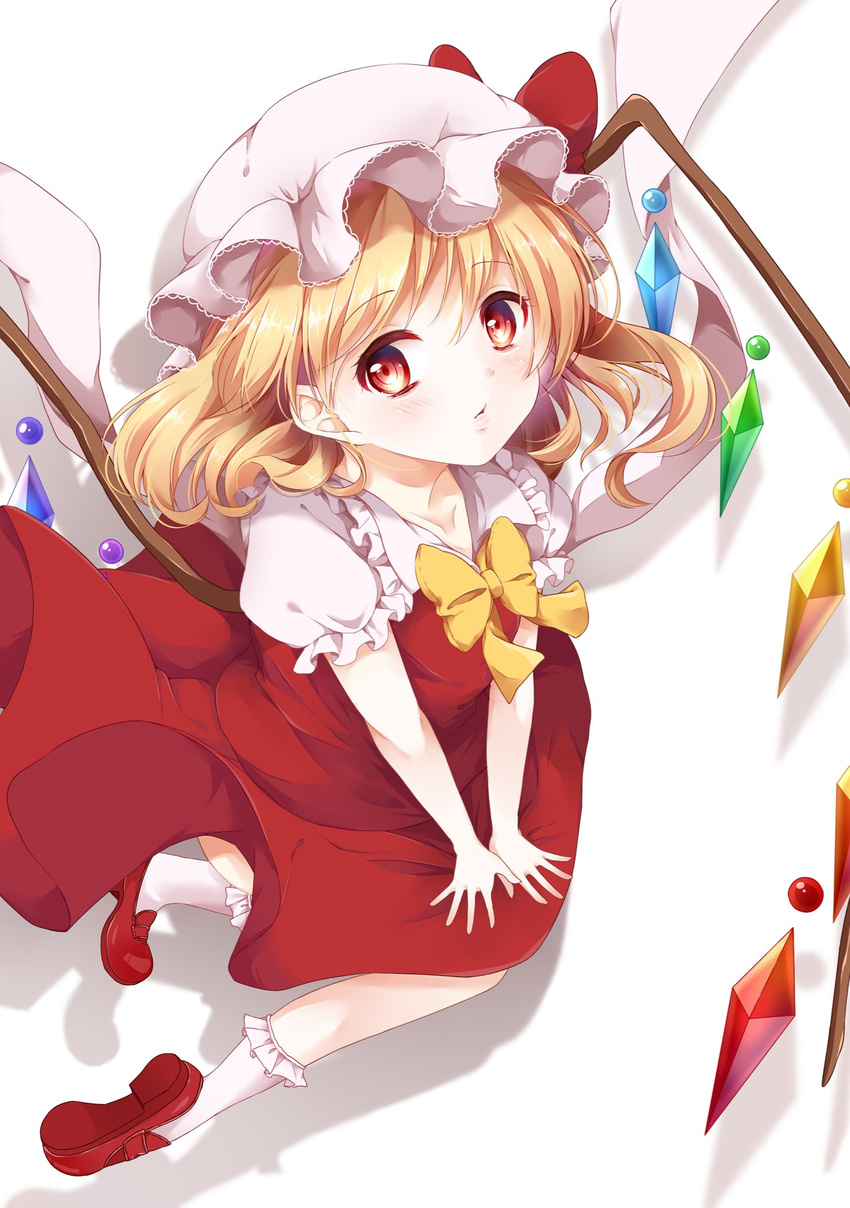 arm_support blonde_hair colored_eyelashes crystal flandre_scarlet hair_between_eyes hat hat_ribbon highres lips looking_at_viewer mob_cap mumu-crown pouty_lips puffy_short_sleeves puffy_sleeves red_eyes red_ribbon red_skirt red_vest ribbon shirt short_sleeves side_ponytail skirt solo touhou vest white_shirt wings