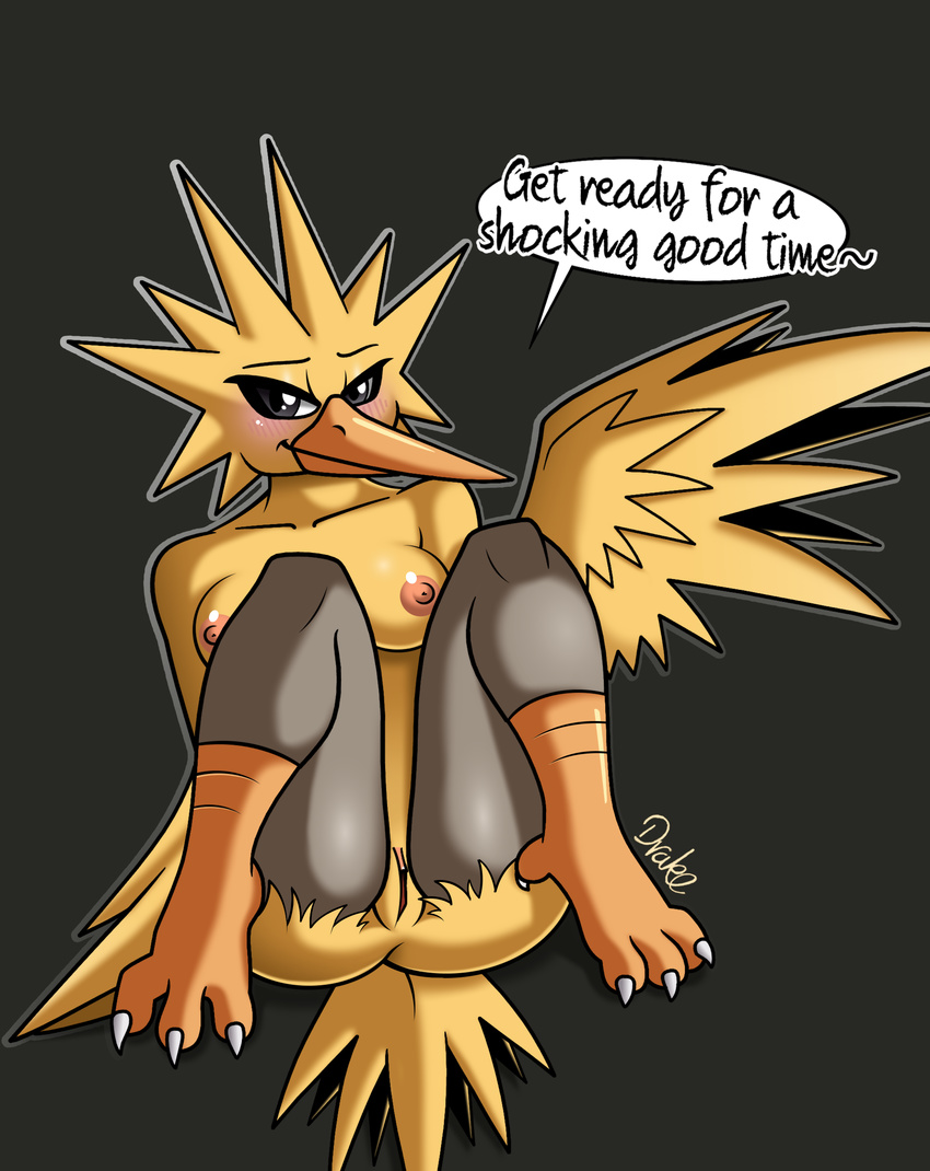 2016 absurd_res anthro areola black_background blush breasts dialogue drako1997 english_text female hi_res legendary_pok&eacute;mon looking_at_viewer nintendo nipples pok&eacute;mon pok&eacute;mon_go pussy simple_background solo talons team_instinct text video_games wings zapdos