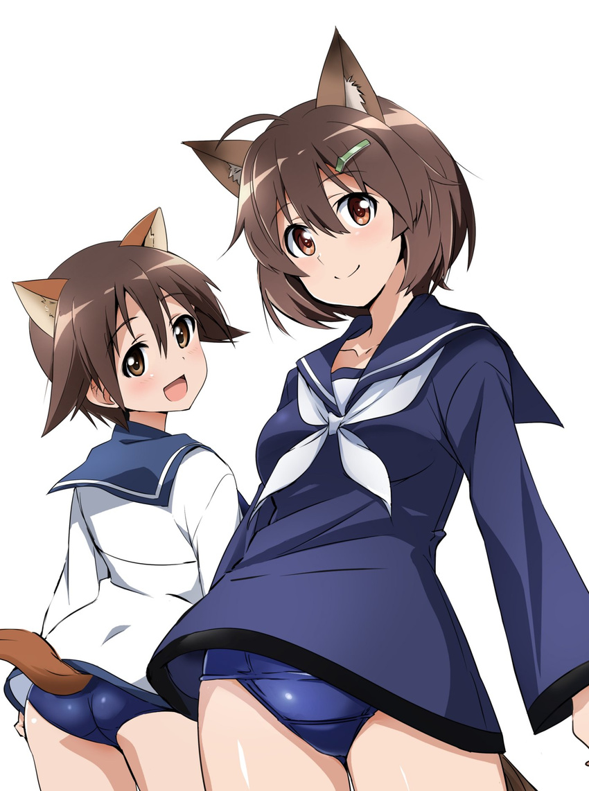 ahoge animal_ears brave_witches brown_eyes brown_hair closed_mouth collarbone dog_ears eyebrows eyebrows_visible_through_hair hair_between_eyes hair_ornament hairclip highres karibuchi_hikari looking_at_viewer looking_back miyafuji_yoshika multiple_girls one-piece_swimsuit open_mouth sailor_collar sailor_shirt school_swimsuit school_uniform serafuku shiny shiny_skin shirt short_hair simple_background smile strike_witches swimsuit swimsuit_under_clothes tail tokiani white_background world_witches_series