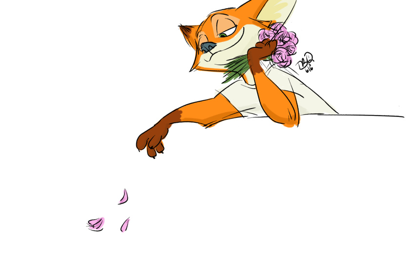 2016 4_fingers anthro canine clothing disney flower flower_petals fox male mammal nick_wilde petals plant shirt sketch t-shirt taylorillustrated zootopia