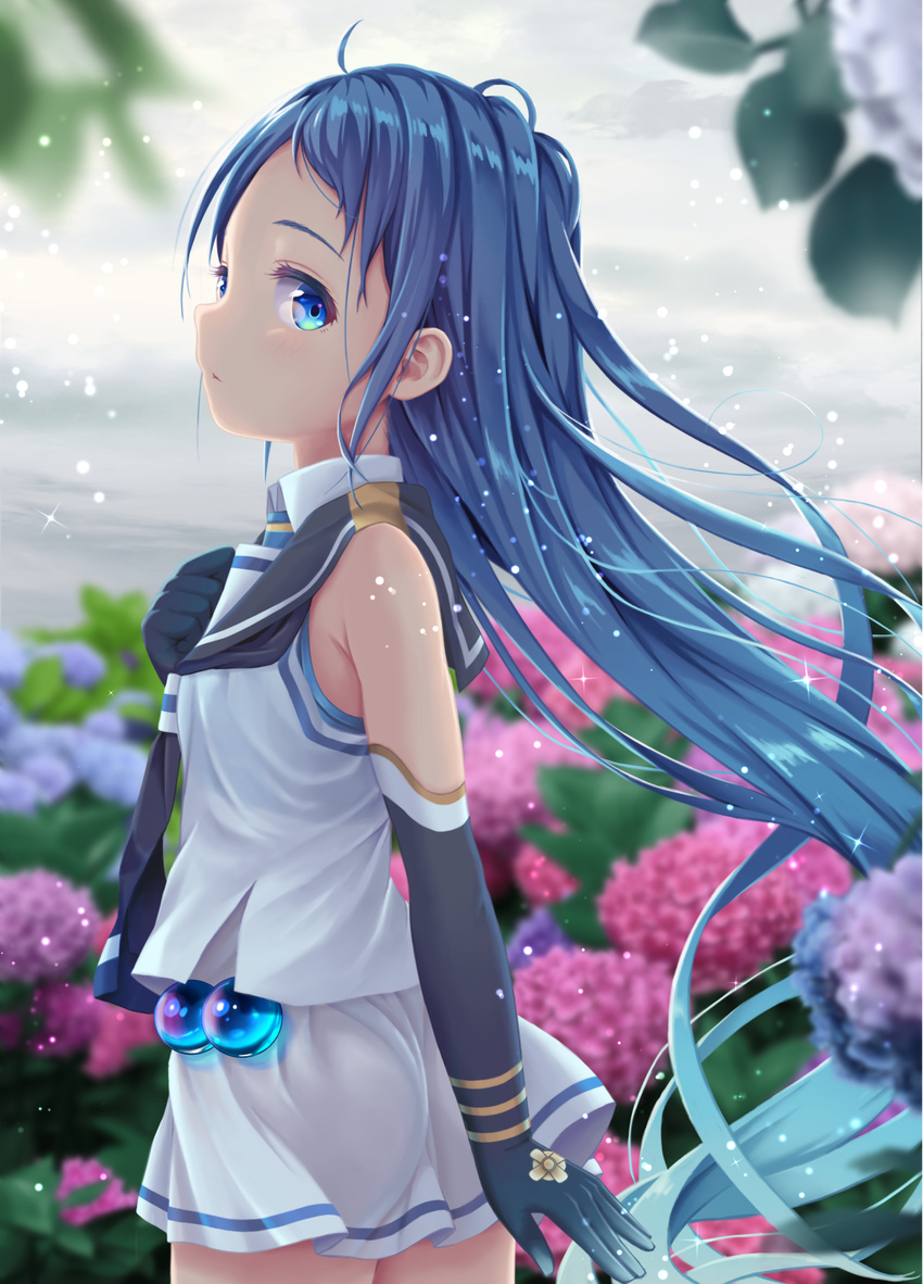 bangs bare_shoulders black_gloves black_neckwear blue_eyes blue_hair cowboy_shot day elbow_gloves eyebrows flower from_side gloves gradient_hair hane_yoshiyumi highres hydrangea kantai_collection long_hair looking_at_viewer looking_to_the_side multicolored_hair neckerchief outdoors samidare_(kantai_collection) school_uniform serafuku shirt sleeveless sleeveless_shirt solo swept_bangs very_long_hair