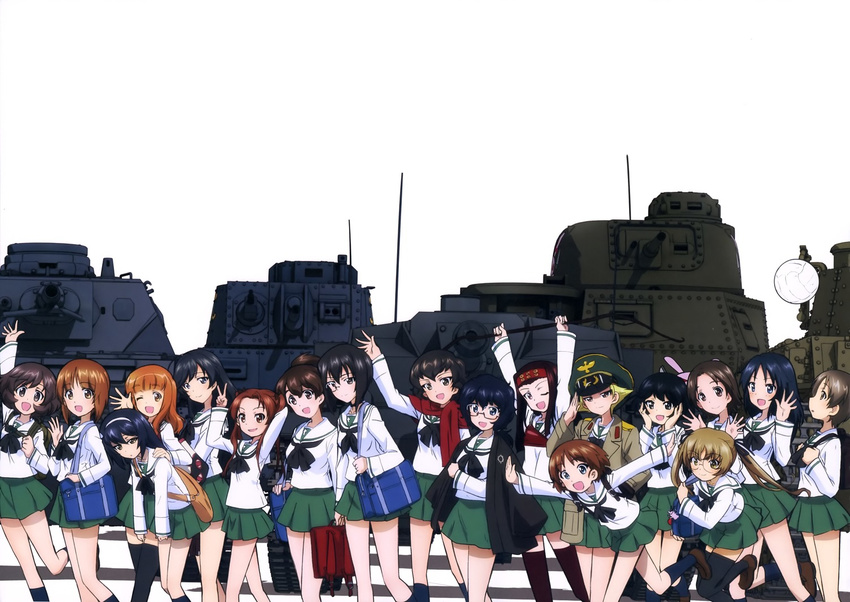 akiyama_yukari bag bandana black_hair black_legwear black_ribbon blonde_hair blue_eyes bow_(weapon) brown_eyes brown_hair caesar_(girls_und_panzer) collarbone erwin_(girls_und_panzer) girls_und_panzer glasses green_skirt ground_vehicle hair_ribbon hairband hand_in_hair high_ponytail holding holding_weapon image_sample imageboard_sample isuzu_hana kadotani_anzu kawashima_momo kneehighs koyama_yuzu long_hair looking_at_viewer m3_lee maruyama_saki military military_vehicle motor_vehicle multiple_girls nishizumi_miho official_art one_eye_closed oono_aya open_mouth oryou_(girls_und_panzer) panzerkampfwagen_38(t) panzerkampfwagen_iv pleated_skirt red_scarf reizei_mako ribbon saemonza sakaguchi_karina sawa_azusa scarf school_bag school_uniform serafuku shirt short_hair simple_background skirt smile sturmgeschutz_iii takebe_saori tank thighhighs twintails type_89_i-gou utsugi_yuuki v waving weapon white_background white_hairband white_shirt yamagou_ayumi yandere_sample