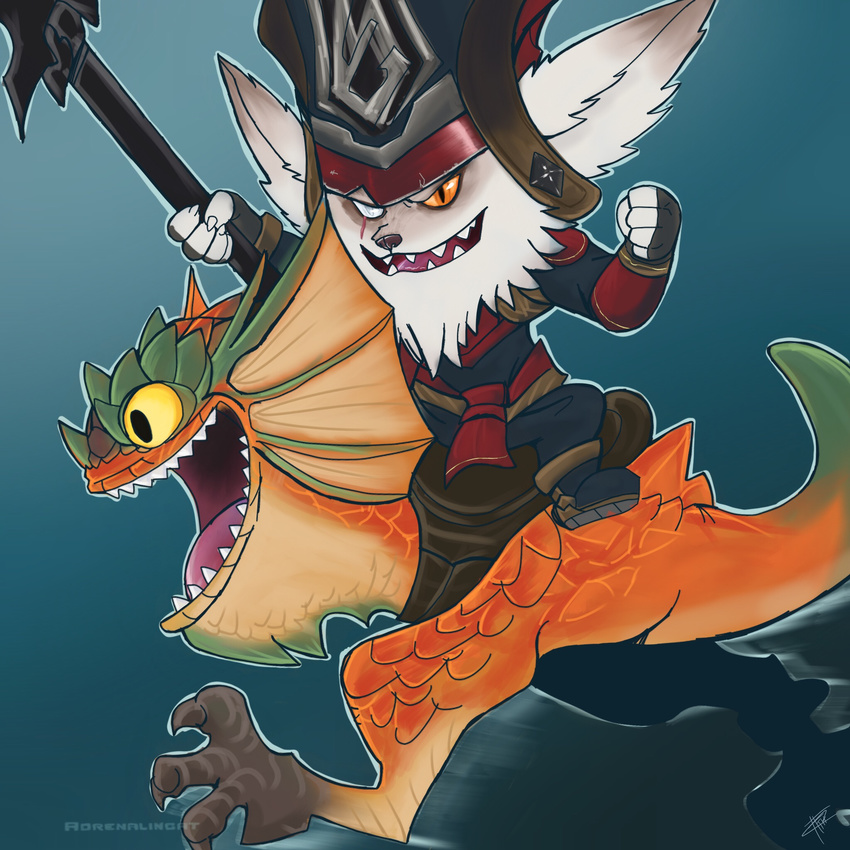 3_toes blue_background boots brutalhero clothing costume fist footwear fur happy hat heterochromia kled league_of_legends open_mouth raised_weapon reptile running scales scalie simple_background skaarl teeth toes toony video_games yordle