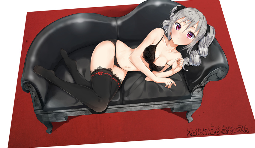 absurdres black_bra black_legwear black_panties blush bow bow_panties bra breasts cleavage couch drill_hair hair_ribbon highres idolmaster idolmaster_cinderella_girls kanzaki_ranko lace lace-trimmed_bra lace-trimmed_thighhighs large_breasts long_hair looking_at_viewer lying masamuuu md5_mismatch navel no_shoes on_side panties red_eyes ribbon ribbon-trimmed_thighhighs silver_hair solo strap_slip thighhighs twin_drills twintails underwear underwear_only