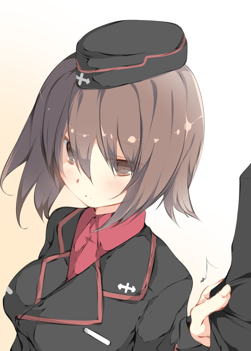 absurdres black_jacket brown_eyes brown_hair commentary_request garrison_cap girls_und_panzer hat highres jacket kuromorimine_military_uniform military military_uniform nishizumi_maho out_of_frame red_shirt shirt short_hair simple_background solo_focus tabuchi_(tabuchisanchi) uniform