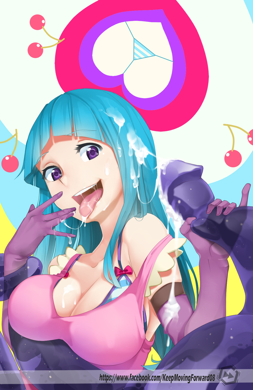 1girl bikini bikini_under_clothes blue_hair breasts cherry cleavage cum cum_in_mouth cum_on_body cum_on_breasts cum_on_hair cum_on_upper_body dress elbow_gloves facial food fruit gloves handjob hetero highres long_hair me!me!me! medium_breasts meme_(me!me!me!) open_mouth paavuchi penis purple_eyes smile solo_focus striped striped_bikini swimsuit tongue tongue_out upper_body watermark