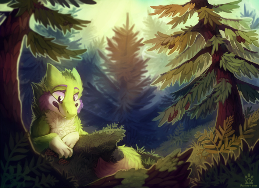 2015 3_toes ambiguous_gender cheek_tuft claws countershading detailed_background dipstick_tail ears_back eyebrows eyelashes fangs feral flemaly forest fur grass green_fur green_tail leen_(krooku) looking_down lying multicolored_fur multicolored_tail neck_tuft on_front pinecone signature solo toes tree tuft two_tone_fur unknown_species white_fur white_tail