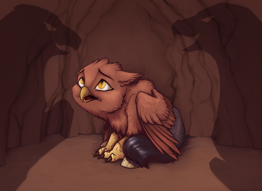 ambiguous_gender avian badday28 beak black_hair brown_feathers brown_fur cub detailed_background fear feathered_wings feathers fur hair hippogryph open_mouth scared shadow solo tongue unseen_character wings yellow_beak yellow_eyes young