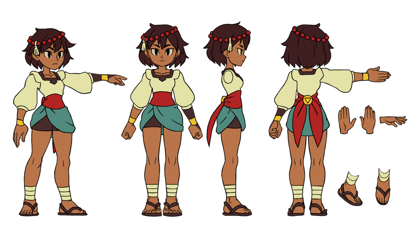 ajna_(indivisible) ankle_wrap beads bike_shorts bracelet bridal_gauntlets brown_hair character_sheet dark_skin dress flat_color hair_ornament indivisible jewelry multiple_views outstretched_arm sandals sash short_sleeves shorts shorts_under_skirt standing turnaround white_background