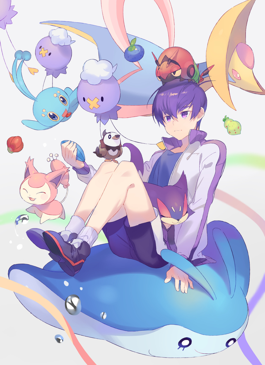 :d arm_at_side bad_id bad_pixiv_id bangs bird_on_leg cat_on_lap chople_berry closed_eyes closed_mouth coba_berry cresselia crossover drifloon f6 food gen_2_pokemon gen_3_pokemon gen_4_pokemon gen_5_pokemon hair_between_eyes heiwa_(murasiho) highres holding holding_food jacket long_sleeves male_focus manaphy mantine matsuno_ichimatsu open_mouth oran_berry osomatsu-kun osomatsu-san pokemon pokemon_(creature) pokemon_(game) purple_eyes purple_hair purple_shorts purrloin riding shoes shorts sitrus_berry sitting skitty smile socks solo starly track_jacket venipede water white_legwear