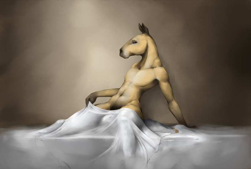 2016 anthro bed bed_sheet bedding brown_fur bulge equine fur horse male mammal navel nude signature solo wiredhooves