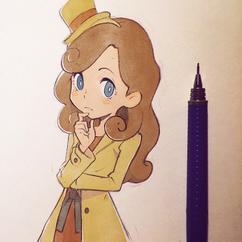 blue_eyes blush_stickers brown_hat brown_jacket buttons closed_mouth curly_hair dress finger_to_mouth hat ilya_kuvshinov jacket katrielle_layton layton's_mystery_journey light_brown_hair long_hair long_sleeves mini_hat mini_top_hat paper pen photo professor_layton red_dress smile solo thinking top_hat traditional_media upper_body