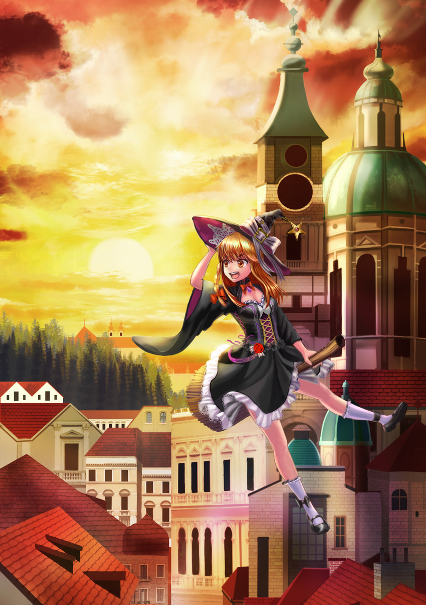 :d adapted_costume black_bow black_dress black_footwear black_hat blonde_hair bobby_socks bow bowtie braid breasts broom broom_riding cityscape cleavage cross-laced_clothes dress flying full_body hair_bow hat hat_bow highres kirisame_marisa looking_away mary_janes open_mouth orange_sky red_bow red_neckwear shoes side_braid sky small_breasts smile socks solo star sunset touhou uemura_shun white_bow white_legwear wide_sleeves witch_hat yellow_eyes