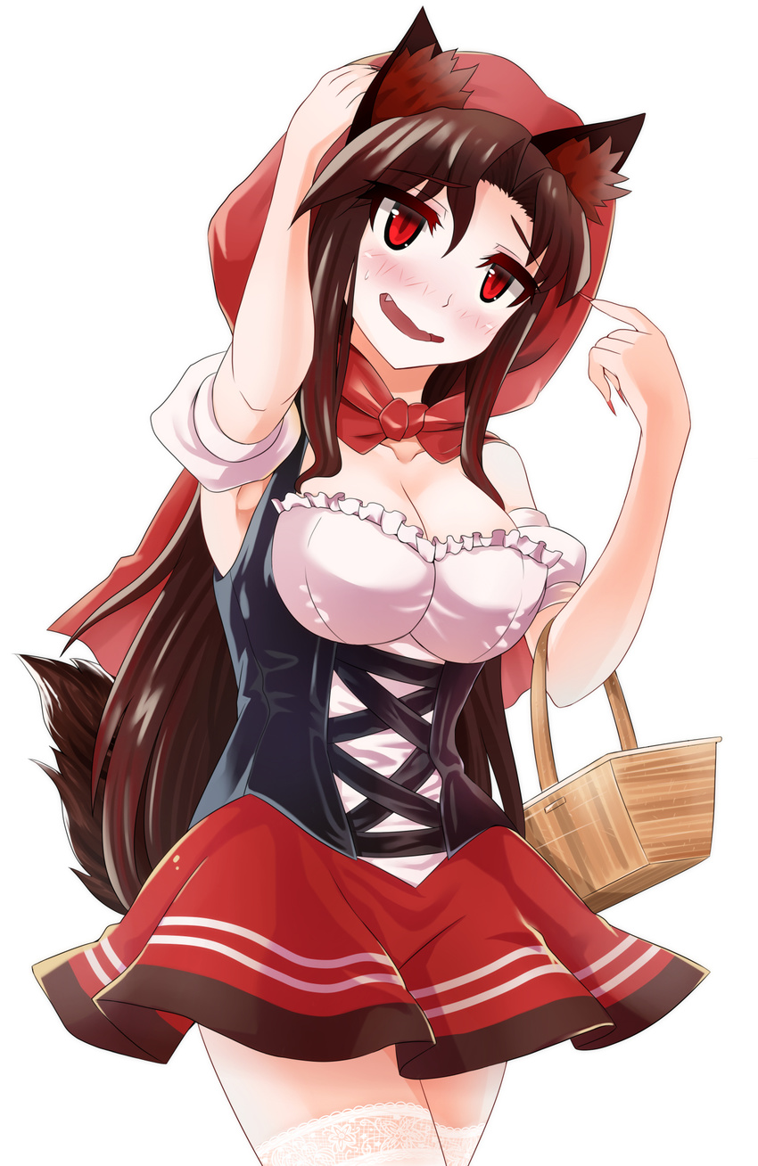 animal_ears bare_shoulders blush bodice breasts brown_hair cleavage collarbone dirndl fang fingernails german_clothes highres hood imaizumi_kagerou lace lace-trimmed_thighhighs large_breasts long_fingernails looking_at_viewer miniskirt nail_polish open_mouth red_eyes red_hood red_nails red_skirt sanagi_(diohazard) simple_background skirt solo tail thighhighs touhou underbust wavy_mouth white_background white_legwear wolf_ears wolf_tail zettai_ryouiki