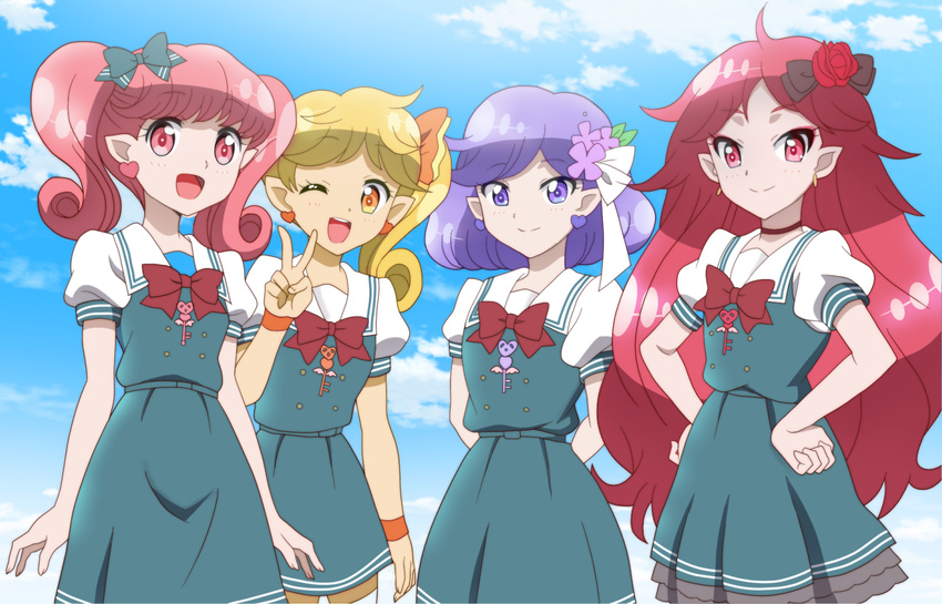 commentary_request dress earrings flower hair_flower hair_ornament himawari_(fairilu) jewelry key lip_(fairilu) multiple_girls onomekaman pinafore_dress pointy_ears puffy_short_sleeves puffy_sleeves rilu_rilu_fairilu rose_(fairilu) short_sleeves sumire_(fairilu) sunflower