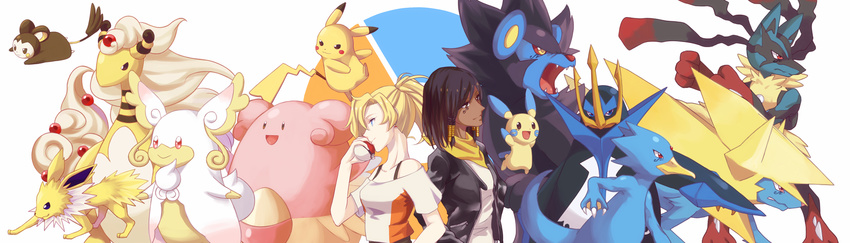 ampharos audino bandana bare_shoulders black_hair black_jacket blissey blonde_hair blue_eyes braid brown_eyes crop_top crossover dress_shirt earrings emolga empoleon eye_of_horus facial_mark facial_tattoo gen_1_pokemon gen_2_pokemon gen_3_pokemon gen_4_pokemon gen_5_pokemon golduck hair_tubes hand_up highres jacket jewelry jolteon long_sleeves lucario luxray manectric mega_ampharos mega_audino mega_lucario mega_manectric mega_pokemon mercy_(overwatch) minun multiple_girls nyasa overwatch pharah_(overwatch) pikachu poke_ball pokemon pokemon_(creature) ponytail shirt short_hair short_sleeves side_braids sidelocks smile tattoo upper_body white_shirt