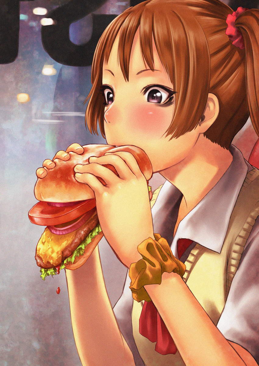 bangs biting black_eyes blurry blush brown_hair cheese collared_shirt depth_of_field dripping eating eyelashes flat_chest food hair_ornament hair_scrunchie hamburger highres holding holding_food hotateyuki ketchup lens_flare lettuce meat onion original scrunchie shiny shirt short_sleeves solo sweater_vest tomato twintails uniform upper_body white_shirt wrist_scrunchie