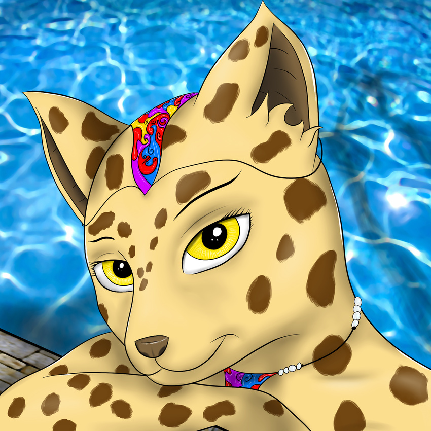 2016 absurd_res anthro bath bathing cheetah digital_media_(artwork) feline female fur hi_res jewlery looking_at_viewer mammal smile solo tailsoft water yellow_eyes