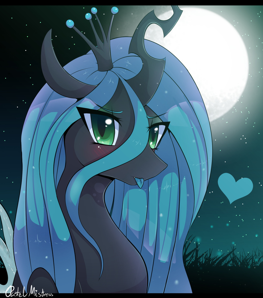 &lt;3 2015 blue_hair changeling crown female feral friendship_is_magic grass green_eyes hair horn looking_at_viewer moon my_little_pony night outside pastelmistress portrait queen_chrysalis_(mlp) sky slit_pupils solo star tongue tongue_out