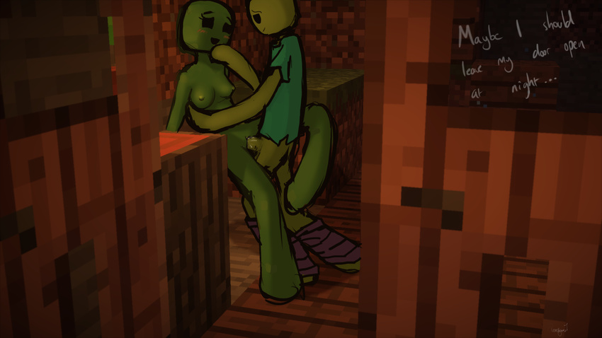 breasts creeper dialogue female interspecies male male/female minecraft nipples open_mouth penetration penis qwertyas1 standing text undead vaginal vaginal_penetration video_games zombie