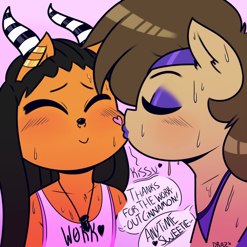 2016 blush brown_hair cinnamon_buns clothing cute dialogue drazelle_(artist) ear_piercing earth_pony equine fan_character girly hair horse jewelry kiss_on_cheek kissing lipstick male male/male mammal my_little_pony necklace piercing pony sweat