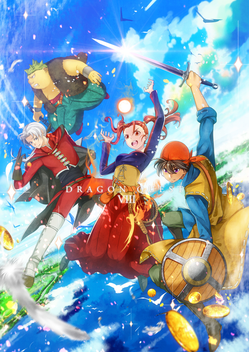 1girl 3boys angelo brown_hair cape dragon_quest dragon_quest_viii dress everyone fire gold green_eyes hero_(dq8) jessica_albert long_hair lowres magic multiple_boys one_eye_closed red_eyes red_hair shield square_enix sword twintails water weapon yangus