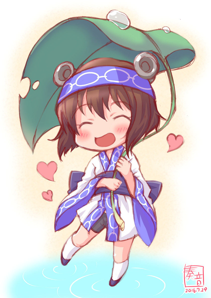 :d ^_^ ^o^ ainu_clothes alternate_costume artist_name black_shorts blush brown_hair bubble chibi closed_eyes commentary_request dated eyebrows eyebrows_visible_through_hair full_body hairband heart highres kanon_(kurogane_knights) kantai_collection kneehighs koropokkuru leaf_umbrella leg_up long_sleeves open_mouth short_hair shorts simple_background smile solo standing standing_on_one_leg water white_legwear wide_sleeves yellow_background yukikaze_(kantai_collection)