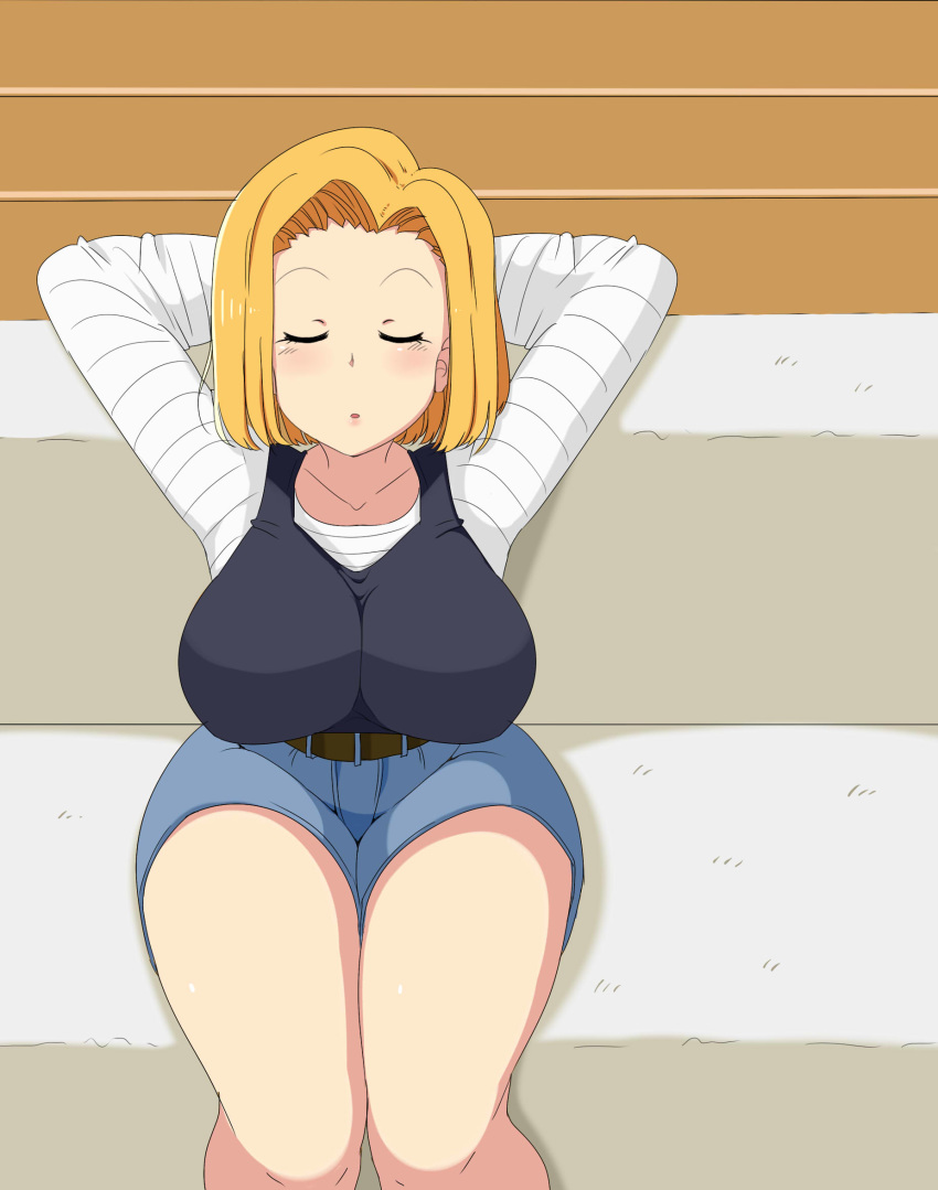 aaa_(nisetsuru) android_18 arms_behind_head arms_up belt blonde_hair blush bob_cut breasts couch dragon_ball dragonball_z eyes_closed floor from_above highres large_breasts legs legs_together parted_lips raglan_sleeves short_hair shorts sitting sleeping snoring solo thick_thighs thighs