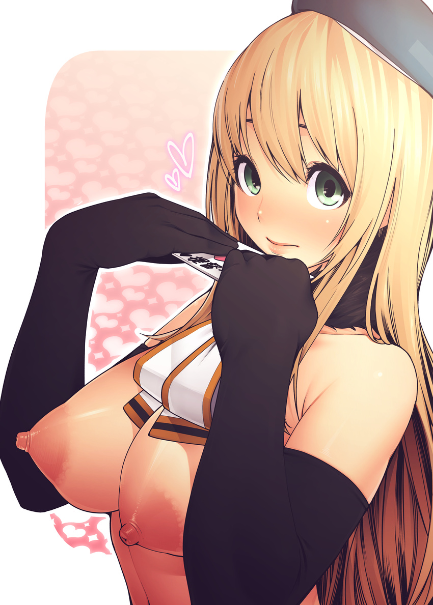 absurdres areolae atago_(kantai_collection) bad_id bad_pixiv_id beret black_gloves blonde_hair blush breasts elbow_gloves from_side gloves gradient gradient_background green_eyes hair_between_eyes hat heart heart_background highres inumori_shirou kantai_collection large_areolae large_breasts lips long_hair looking_at_viewer nipples pink_background solo upper_body