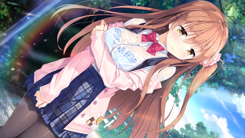 bra game_cg himeno_sena kimishima_ao koi_x_shin_ai_kanojo open_shirt pantyhose see_through seifuku underwear us:track wet