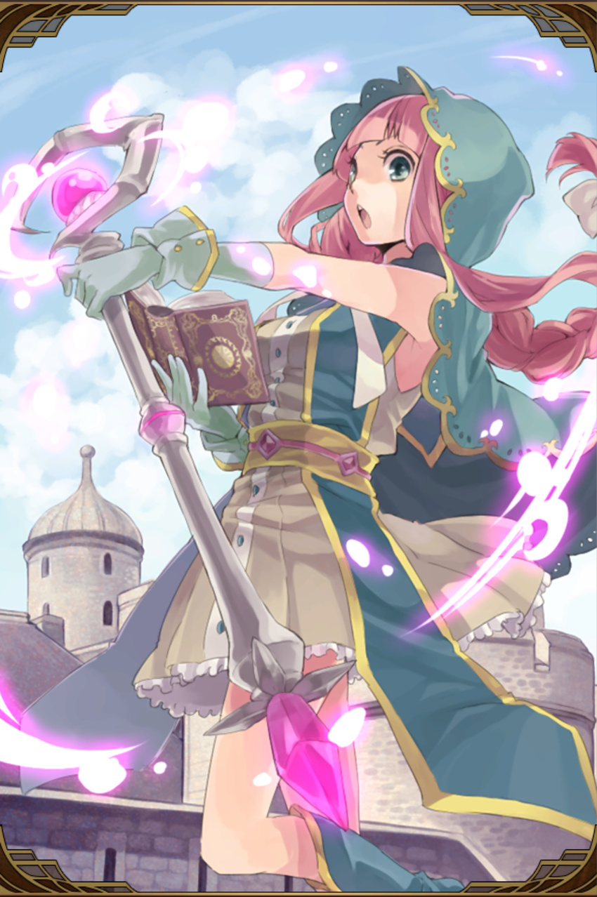 armpits artist_request belt blue_eyes book boots braid buttons castle cloak cloud day dress frills gem gloves glowing grand_sphere highres holding holding_book holding_weapon hood long_hair official_art open_mouth pink_hair short_dress sleeveless solo staff tower weapon