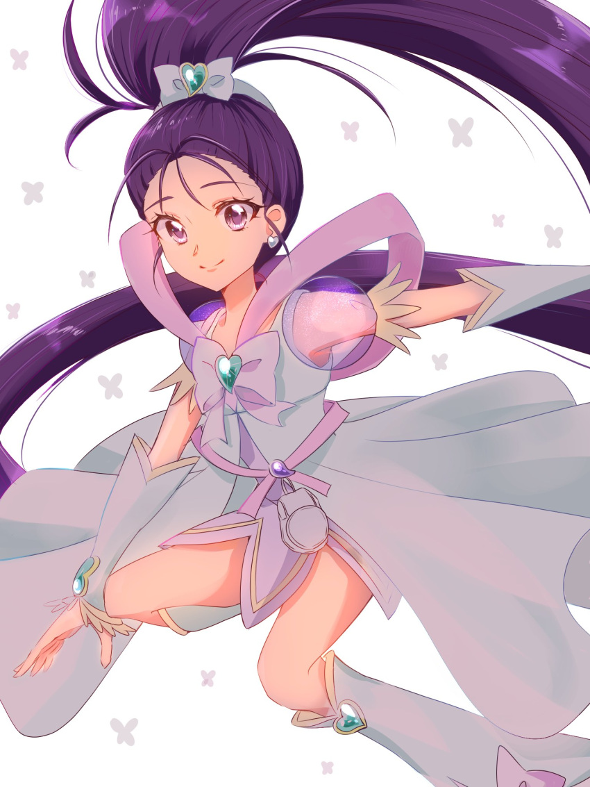 1girl bow commentary cure_windy detached_sleeves dress earrings eyelashes fpminnie1 futari_wa_precure_splash_star hair_ornament hair_ribbon happy heart heart_earrings highres jewelry long_hair looking_at_viewer magical_girl mishou_mai ponytail precure puffy_short_sleeves puffy_sleeves purple_eyes purple_hair ribbon short_sleeves sketch smile solo very_long_hair