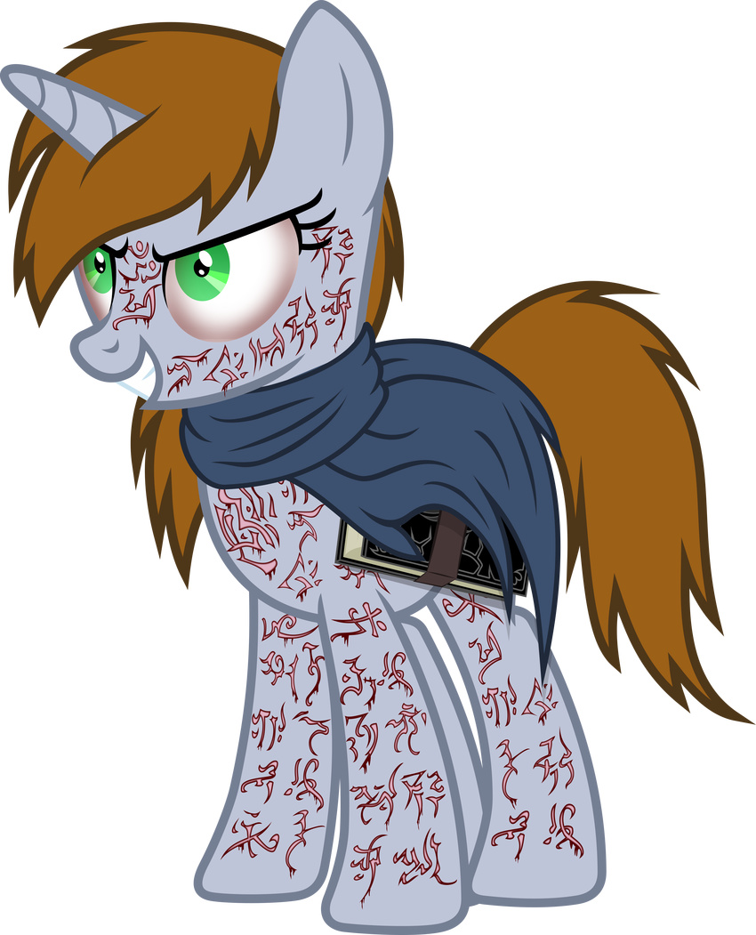 absurd_res alpha_channel book brown_hair equine eyelashes fallout_equestria fan_character female feral green_eyes hair hi_res hooves horn magister39 mammal markings messiah my_little_pony runes simple_background smile solo standing teeth transparent_background unicorn