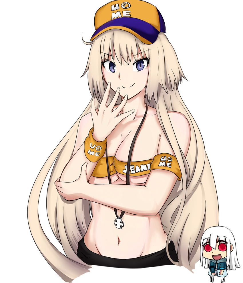 absurdres baseball_cap blue_eyes breasts commentary fam-u fate/apocrypha fate/grand_order fate_(series) groin hand_over_face hat highres jeanne_d'arc_(fate) jeanne_d'arc_(fate)_(all) jewelry john_cena long_hair medium_breasts midriff multiple_girls namesake navel necklace parody pose pun red_eyes riyo_(lyomsnpmp)_(style) smile style_parody tsurime underboob very_long_hair wristband wwe