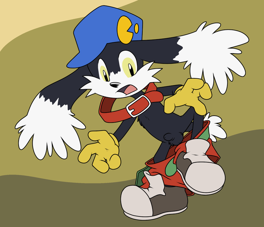 animal_genitalia anthro balls baseball_cap belt big_ears black_fur cat clothed clothing collar cub digital_media_(artwork) feline flaccid flat_colors front_view fully_sheathed fur gloves hat klonoa klonoa_(series) long_ears looking_at_self looking_down male mammal mizzyam on_one_leg open_mouth pants_down partially_clothed penis sheath shorts simple_background sneakers solo standing surprise topless wardrobe_malfunction white_fur yellow_eyes young