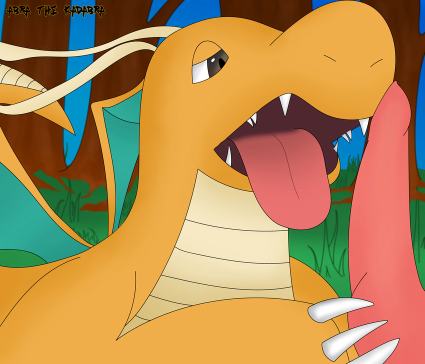 2016 abra_the_kadabra absurd_res all_fours ambiguous_gender animal_genitalia claws detailed disembodied_penis dragonite duo erection feral half-closed_eyes hi_res invalid_background male nintendo open_mouth oral orange_scales penis plant pok&eacute;mon scales scalie sex sharp_teeth solo_focus teeth tongue tongue_out tree video_games white_claws