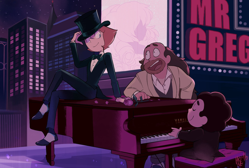 2boys arm_support bad_id bad_twitter_id bald beard bow bowtie crossdressing facial_hair father_and_son flower formal greg_universe hat highres hone_(honesk1) instrument long_hair multiple_boys music pearl_(steven_universe) piano playing_instrument rose rose_quartz_universe signature sitting_on_piano steven_quartz_universe steven_universe suit top_hat tuxedo