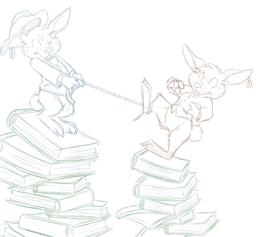 anthro artie_(mizzyam) book bottomless buckteeth clothed clothing duo ear_tag hat lagomorph male mammal marty_(mizzyam) mizzyam one_eye_closed pulling rabbit restricted_palette rope sketch teeth toony uhoh