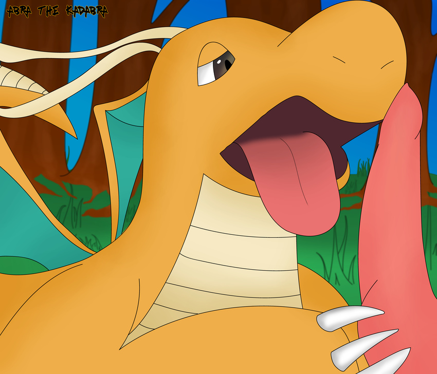 2016 abra_the_kadabra absurd_res all_fours ambiguous_gender animal_genitalia claws detailed disembodied_penis dragonite duo erection feral half-closed_eyes hi_res invalid_background male nintendo open_mouth oral orange_scales penis plant pok&eacute;mon scales scalie sex solo_focus tongue tongue_out tree video_games white_claws