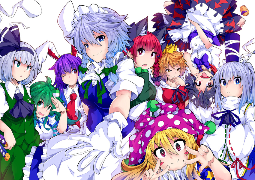 animal_ears apron ascot black_bow black_ribbon blue_ribbon blush_stickers bow braid breasts bunny_ears cat_ears clownpiece commentary_request directional_arrow double_v dress frog_hair_ornament gloves green_bow green_dress green_ribbon hair_bow hair_ornament hair_ribbon hair_tubes hairband hat highres horns ishimu izayoi_sakuya japanese_clothes jester_cap kaenbyou_rin kijin_seija kochiya_sanae konpaku_youmu konpaku_youmu_(ghost) long_sleeves looking_at_viewer maid maid_headdress medium_breasts miko mononobe_no_futo multiple_girls neck_ribbon necktie polka_dot puffy_short_sleeves puffy_sleeves red_neckwear reisen_udongein_inaba ribbon ribbon-trimmed_sleeves ribbon_trim short_sleeves skirt skirt_set smile snake_hair_ornament stage_connection tate_eboshi toramaru_shou touhou twin_braids v waist_apron white_gloves wide_sleeves