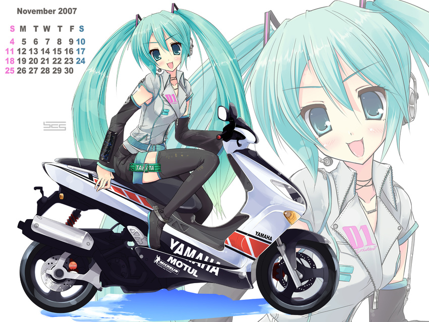 2007 aqua_hair ayase_hikaru bibendum blue_eyes calendar_(medium) detached_sleeves ground_vehicle hatsune_miku headphones headset highres long_hair michelin motor_vehicle motorcycle november simple_background solo thighhighs twintails very_long_hair vocaloid wallpaper yamaha zoom_layer