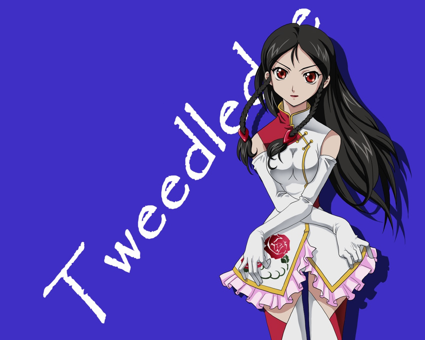 artist_request bangs black_hair blue_background character_name copyright_name cowboy_shot crossed_arms elbow_gloves gloves kiddy_grade long_hair looking_at_viewer pantyhose parted_bangs red_eyes simple_background solo standing tweedledee_(kiddy_grade) very_long_hair wallpaper white_gloves white_legwear