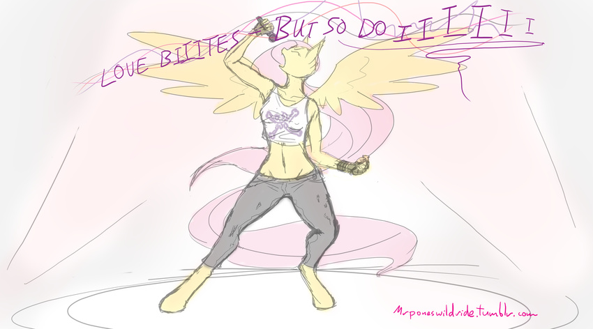 2016 anthro anthrofied armpits clothing equine fingerless_gloves fluttershy_(mlp) friendship_is_magic gloves hi_res mammal microphone midriff mrponeswildride music musician my_little_pony pants pegasus performing raised_arm shirt simple_background singing sketch spread_wings stage white_background wings