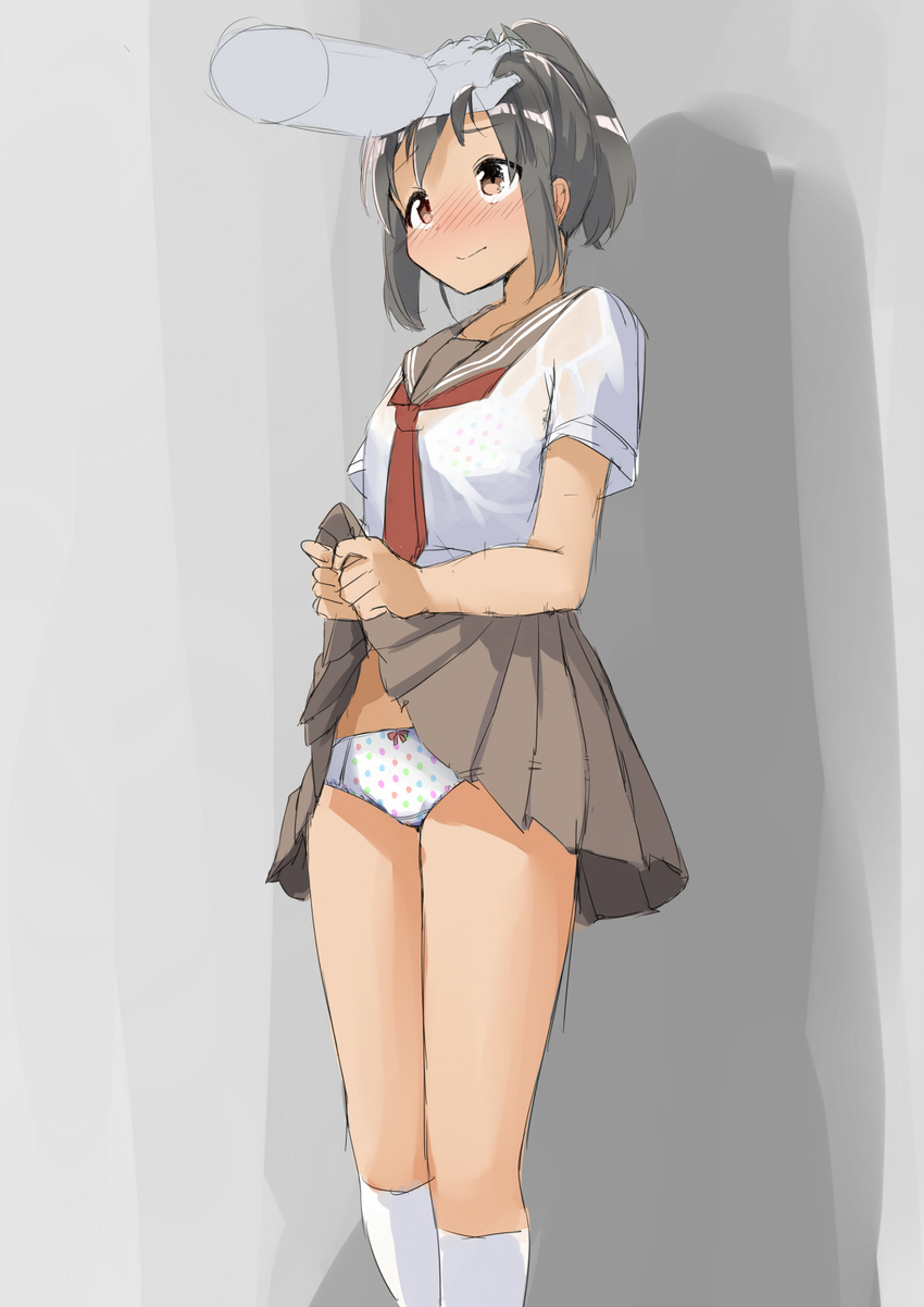 alternate_costume blouse blush bow bow_panties bra brown_eyes brown_skirt closed_mouth commentary_request disembodied_limb embarrassed full-face_blush grey_background grey_hair hand_on_another's_head highres i-401_(kantai_collection) kantai_collection kneehighs legs_together midriff multicolored multicolored_bra multicolored_clothes multicolored_panties multicolored_polka_dots necktie nose_blush panties petting pleated_skirt polka_dot polka_dot_bra polka_dot_panties red_neckwear sailor_collar school_uniform see-through sekira_ame serafuku shiny shiny_hair shirt sketch skirt skirt_lift standing underwear wet wet_clothes wet_shirt white_bra white_legwear white_panties