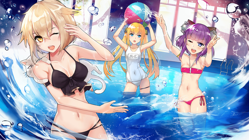 ;d ahoge animal animal_on_shoulder arm_up armband arms_up ball bandeau bangs bare_arms bare_shoulders beachball bikini black_bikini blonde_hair blunt_bangs breasts carrying_overhead cat cat_on_shoulder character_request closed_eyes contrapposto covered_navel covering eyebrows eyebrows_visible_through_hair hair_between_eyes hair_flaps hair_ornament halterneck headgear highres holding holding_ball indoors leaning_to_the_side long_hair looking_at_viewer medium_breasts multi-strapped_bikini multiple_girls name_tag old_school_swimsuit one-piece_swimsuit one_eye_closed open_mouth outstretched_arms pink_bikini pool pool_ladder purple_hair school_swimsuit short_hair shoulder_grab side-tie_bikini sidelocks skin_tight small_breasts smile standing stomach swimsuit thigh_strap tsubasa19900920 very_long_hair wading water water_drop waves white_cat white_school_swimsuit white_swimsuit window yellow_eyes zhanchang_shuang_mawei